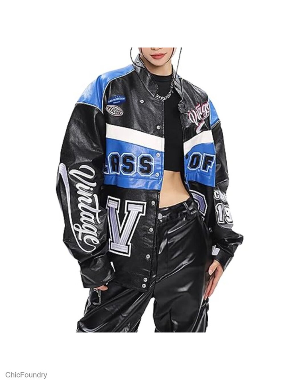 Faux Leather Detachable Racing Jacket Oversized Y2K Embroidered Reflective